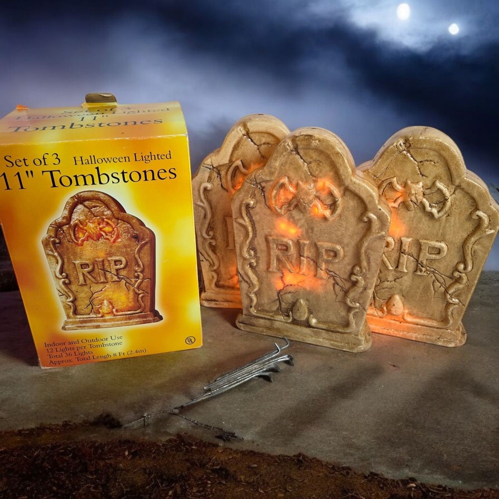 3 Halloween Lighted 11" RIP Tombstones Yard Decor w Stakes & Box by Sienna EUC